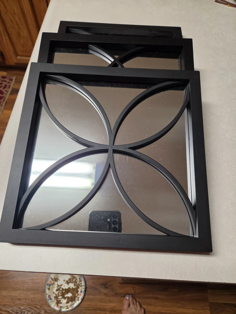 Black Decorative Square Wall Mirror with Floral Geometric Overlay